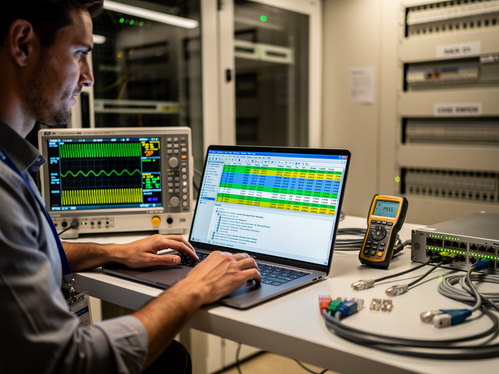 Technician using a laptop with Wireshark packet capture software analyzing VLAN-tagged frames, oscilloscope and network testing equipment visible on the workbench, concentrated troubleshooting session in a technical lab