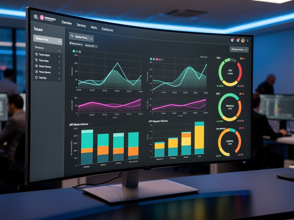Dashboard screenshot showing multi-tenant observability interface with tenant selector dropdown, per-tenant CPU and memory usage graphs, API request counts by tenant, and alert status indicators, displayed in a modern dark-themed monitoring UI