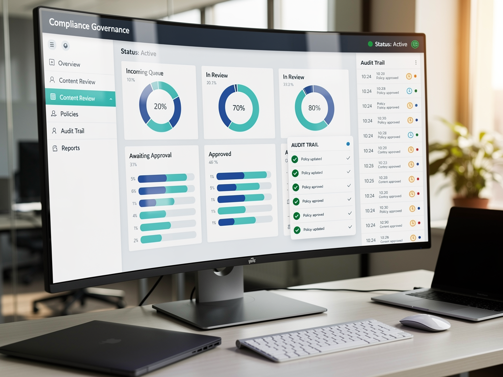 A compliance dashboard showing content governance metrics including review completion rates, issue categories, approval workflows, and audit trail documentation. The interface displays green checkmarks for completed reviews and pending items awaiting approval, demonstrating systematic oversight.