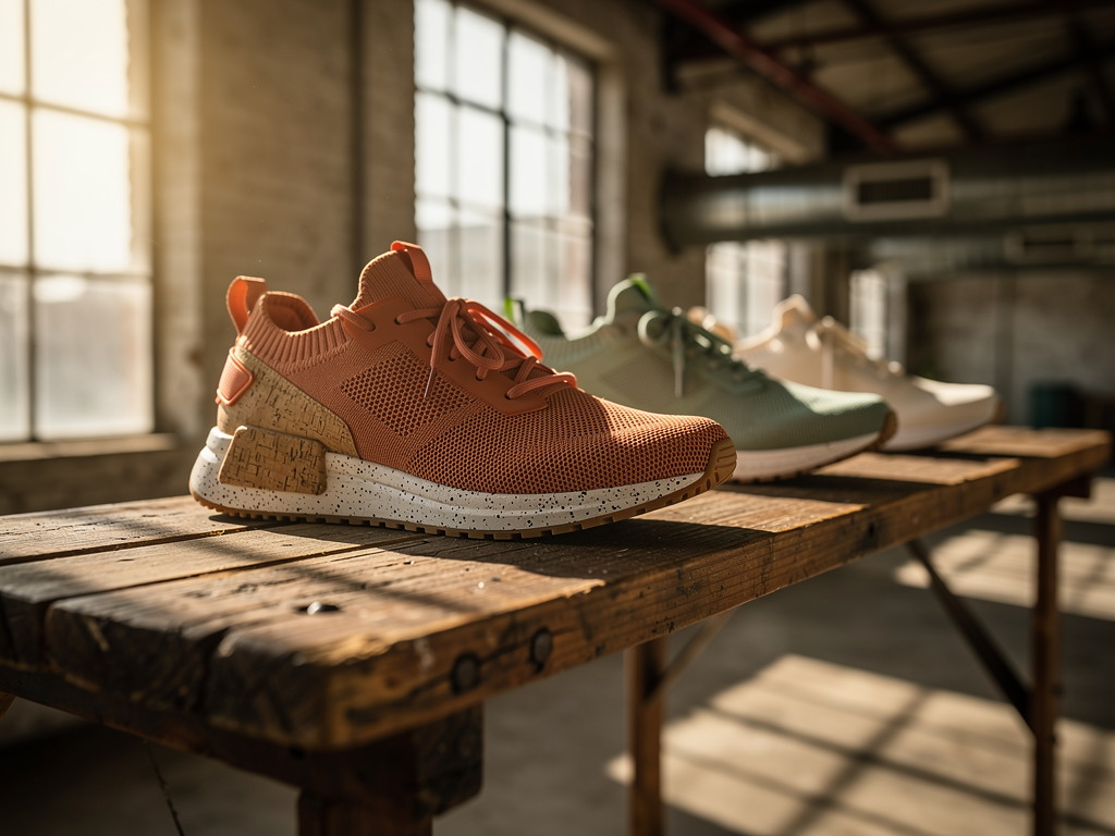 A curated display of sustainable sneakers arranged on reclaimed wood shelving, featuring earth-toned colorways with visible recycled material textures, natural daylight streaming through a warehouse window creating warm shadows, emphasizing the organic and eco-conscious aesthetic of modern footwear design