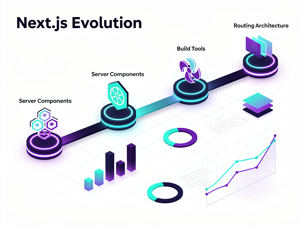 Timeline infographic showing Next.js evolution from version 13 through 16 and beyond, with key features introduced at each version marked along the timeline, including App Router, Server Components, Turbopack, and upcoming features, using a horizontal layout with milestone markers and feature descriptions