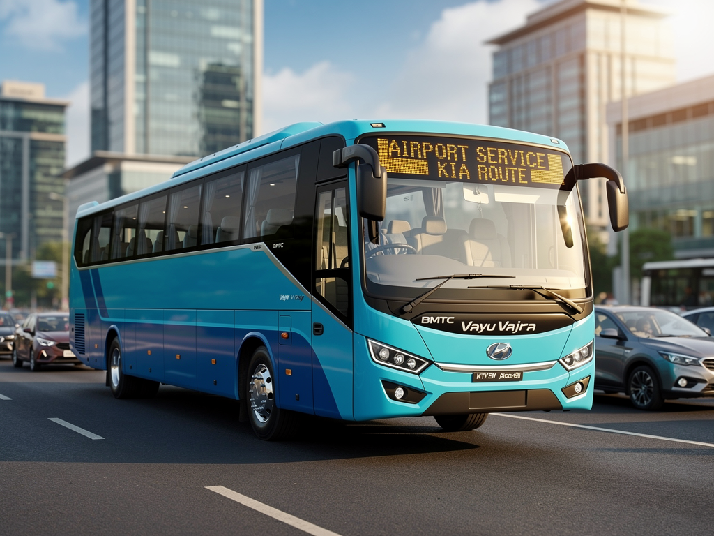 A BMTC Vayu Vajra bus navigating through Bangalore traffic on a wide arterial road, modern glass buildings in the background, clear blue sky above, the bus's amber LED destination display showing airport route information