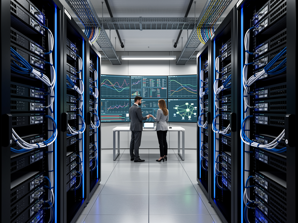 A modern enterprise data center with rows of network switches and structured cabling, illuminated by cool blue LED lighting. Network administrators monitor traffic on large displays showing real-time bandwidth utilization across multiple VLANs. The composition emphasizes the scale and organization of professional networking infrastructure.