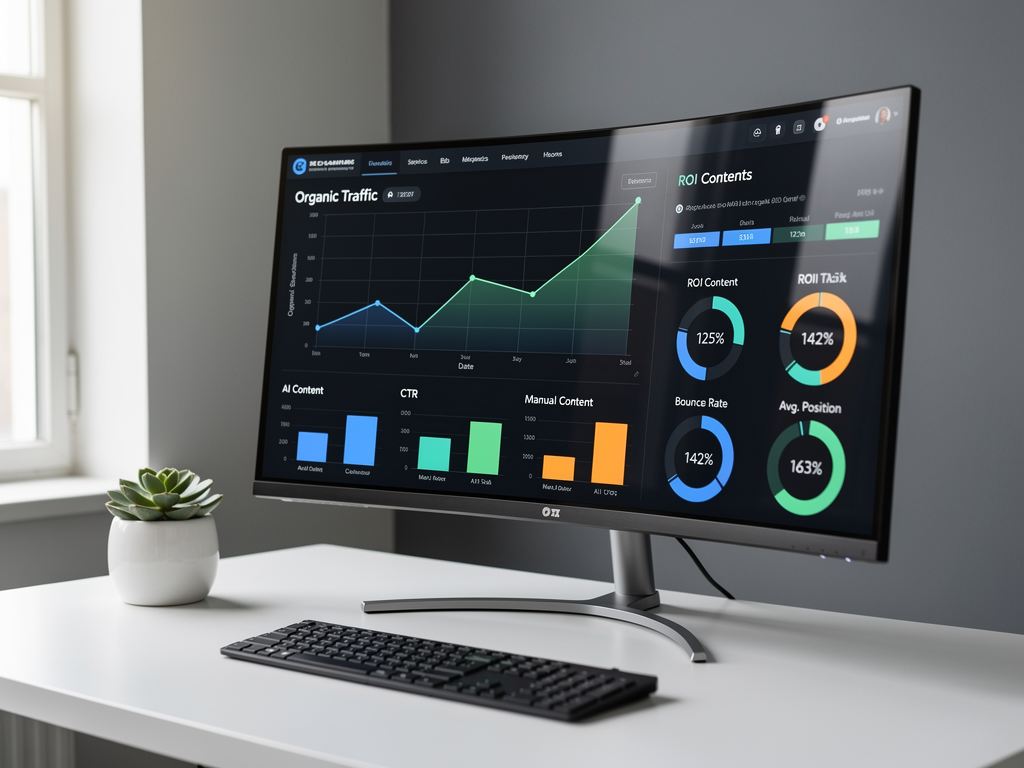Analytics dashboard displaying organic traffic growth charts, keyword ranking improvements, and engagement metrics for AI-generated content compared to manually written articles, with clear ROI calculations and performance comparisons