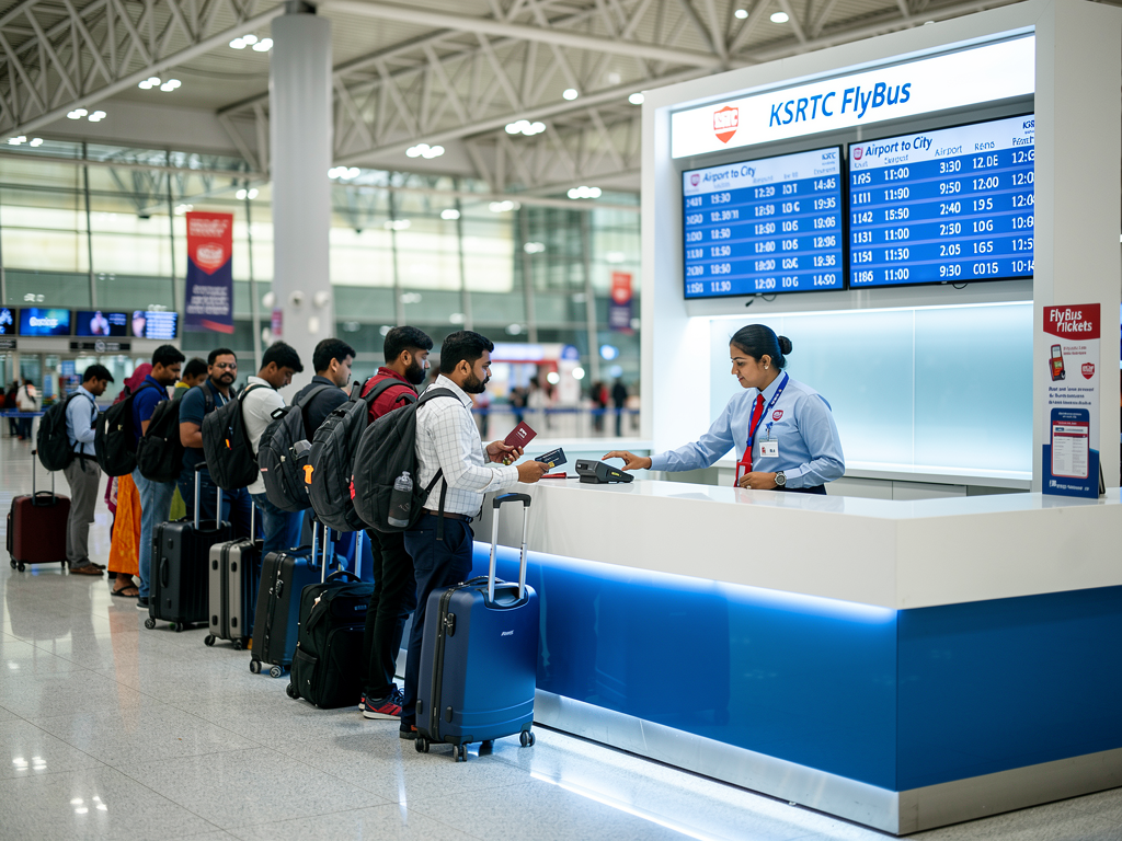 KSRTC FlyBus ticket kiosk at Bangalore Kempegowda International Airport showing the counter area with digital displays and travelers purchasing tickets