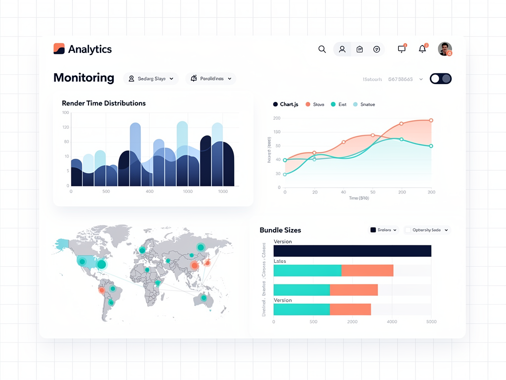 Production monitoring dashboard showing Chart.js performance metrics including average render time histogram, error rate trend line, bundle size comparison across versions, and geographic distribution of dashboard users, all displayed with clean data visualization styling
