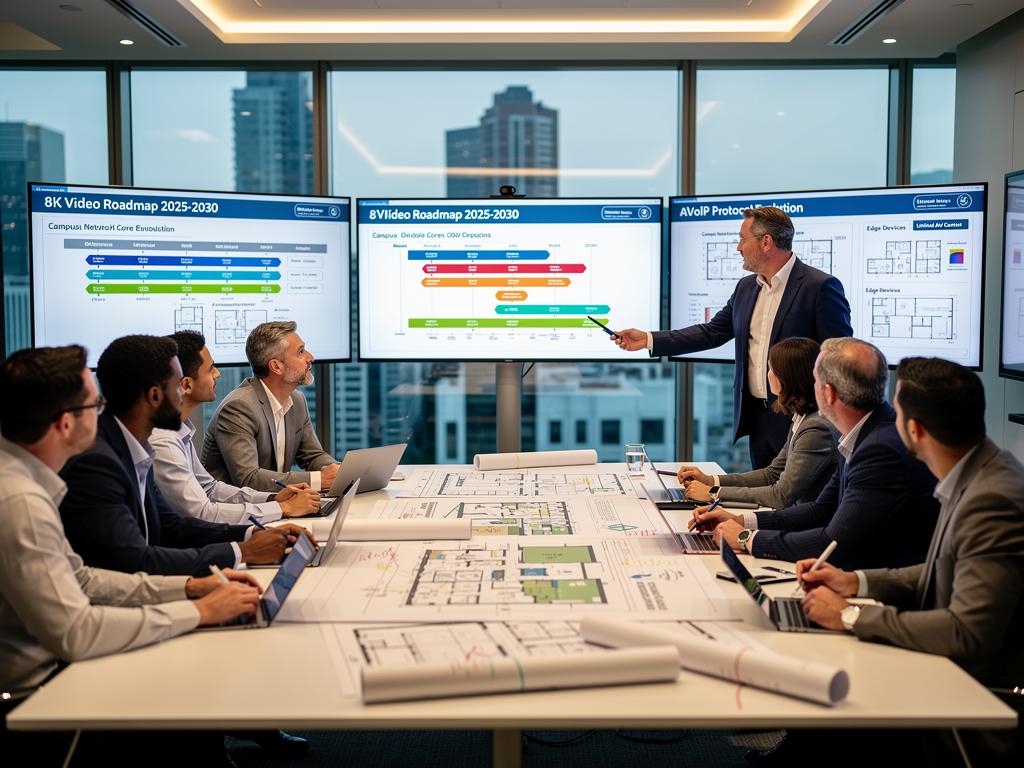 A technology planning workshop with stakeholders discussing future AVoIP requirements around architectural drawings of a new corporate campus. Presentation screens show roadmaps for 8K video and emerging protocols. The collaborative atmosphere features engaged participants in a well-appointed conference room.