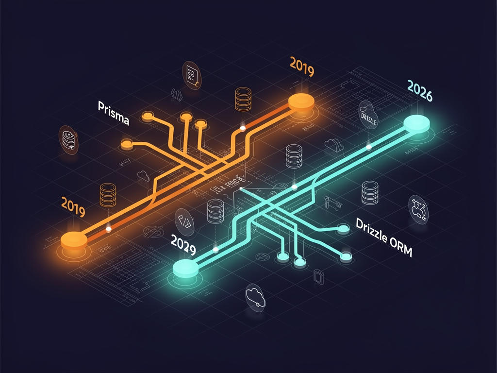 Timeline infographic showing the evolution of Prisma and Drizzle ORMs from 2019 to 2026, highlighting major releases, feature additions, and community growth milestones, with projected future developments