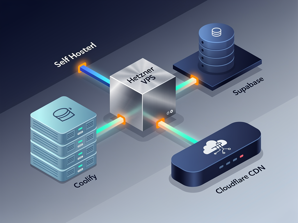 Infrastructure diagram showing NextBuilder's self-hosting architecture with Hetzner VPS at the center, connected to Coolify for container orchestration, Supabase for database services, and Cloudflare for SSL and CDN, with cost annotations showing approximately $15 per month total