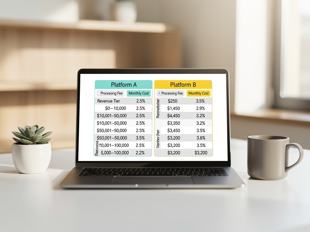 Detailed financial spreadsheet showing side-by-side cost comparison between Stripe and Lemon Squeezy at various revenue levels from $10K to $500K ARR, with columns for base fees, tax compliance costs, and total effective rates, displayed on a modern laptop screen in a bright office setting