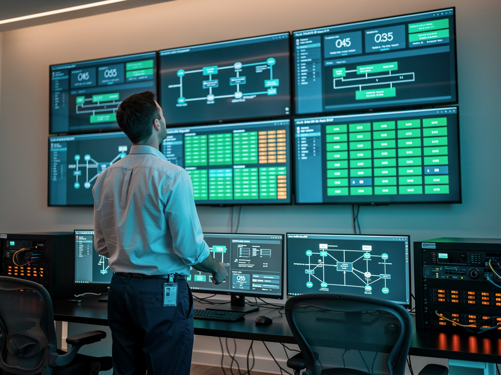 IT professional reviewing network monitoring dashboard on multiple screens showing AVoIP system status, modern operations center environment with real-time performance metrics and alert notifications visible, professional monitoring setup