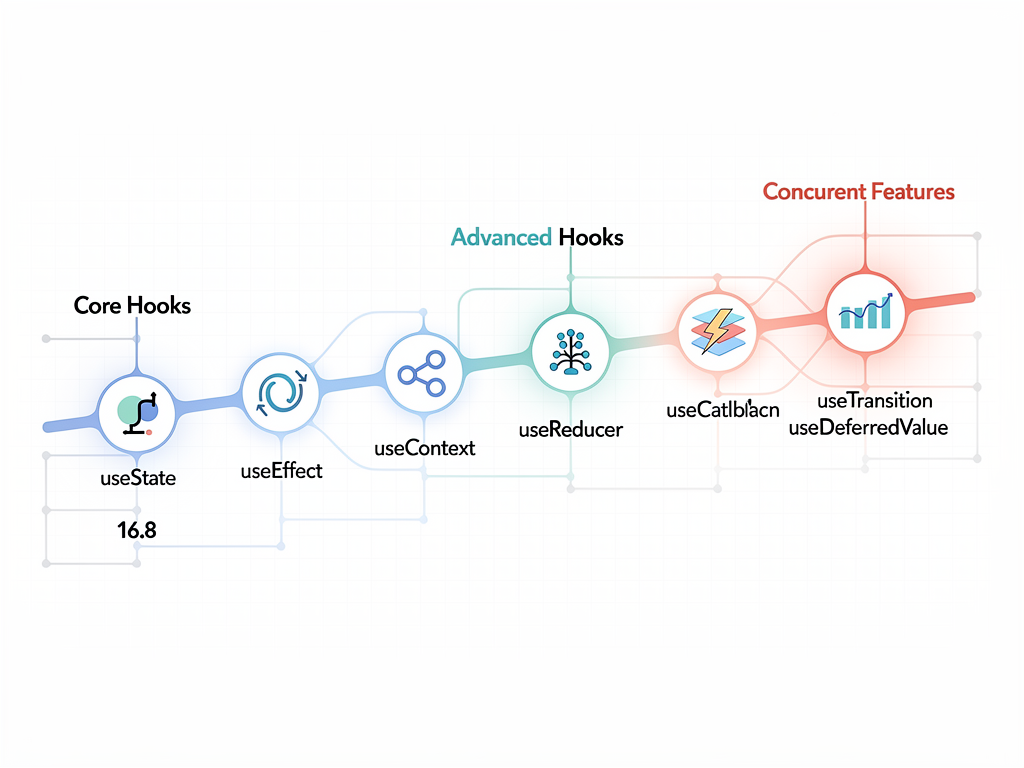 Timeline infographic showing the evolution of React hooks from introduction in version 16.8 through current features and anticipated future developments, with icons representing major hooks and their release versions, styled as a modern tech evolution diagram