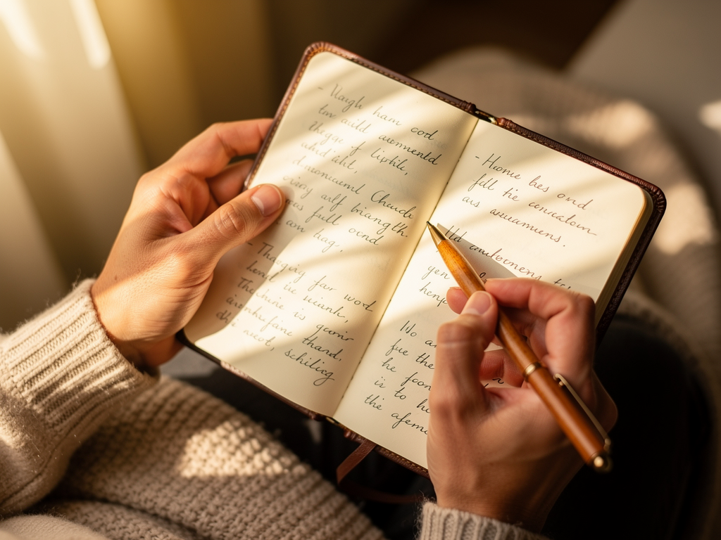 Close-up of hands holding a journal and pen, with soft morning light streaming through a window, capturing the reflective practice of writing down thoughts and feelings as part of therapeutic homework