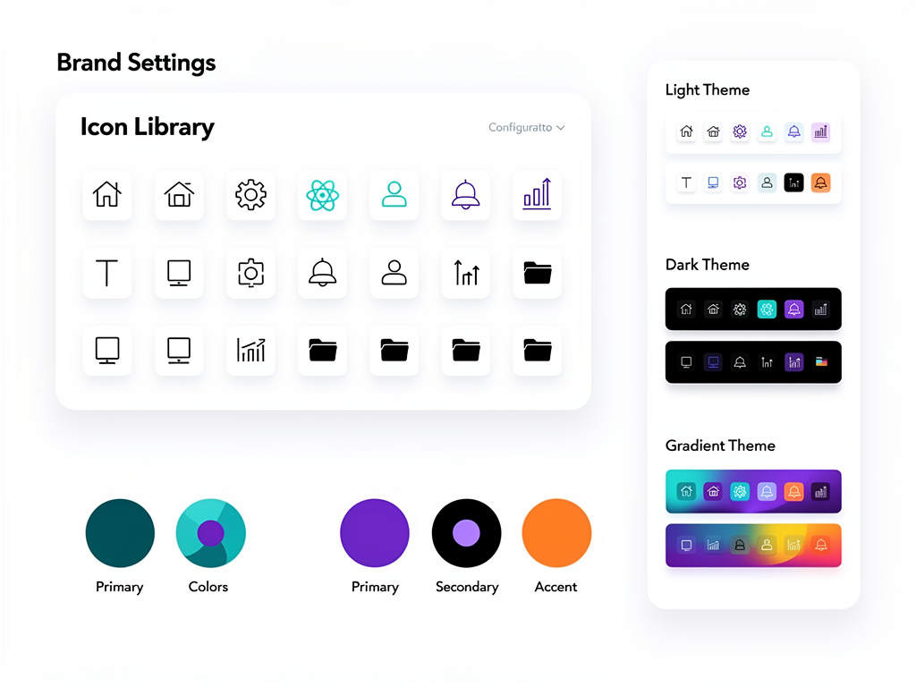 Enterprise SaaS admin panel showing white-label configuration options with icon customization settings, theme color pickers, and a preview panel displaying how icons appear with different brand colors applied