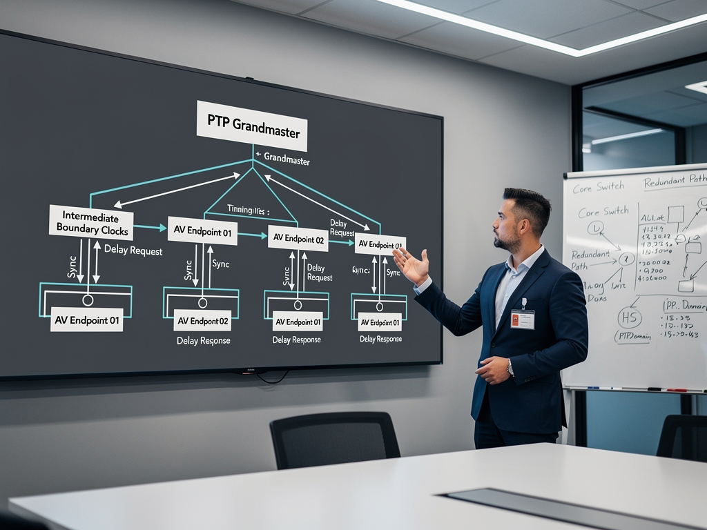Technical diagram displayed on a large monitor showing PTP clock hierarchy and synchronization paths between AV over IP endpoints, with an engineer pointing at specific timing relationships, professional office environment with whiteboards containing network planning notes