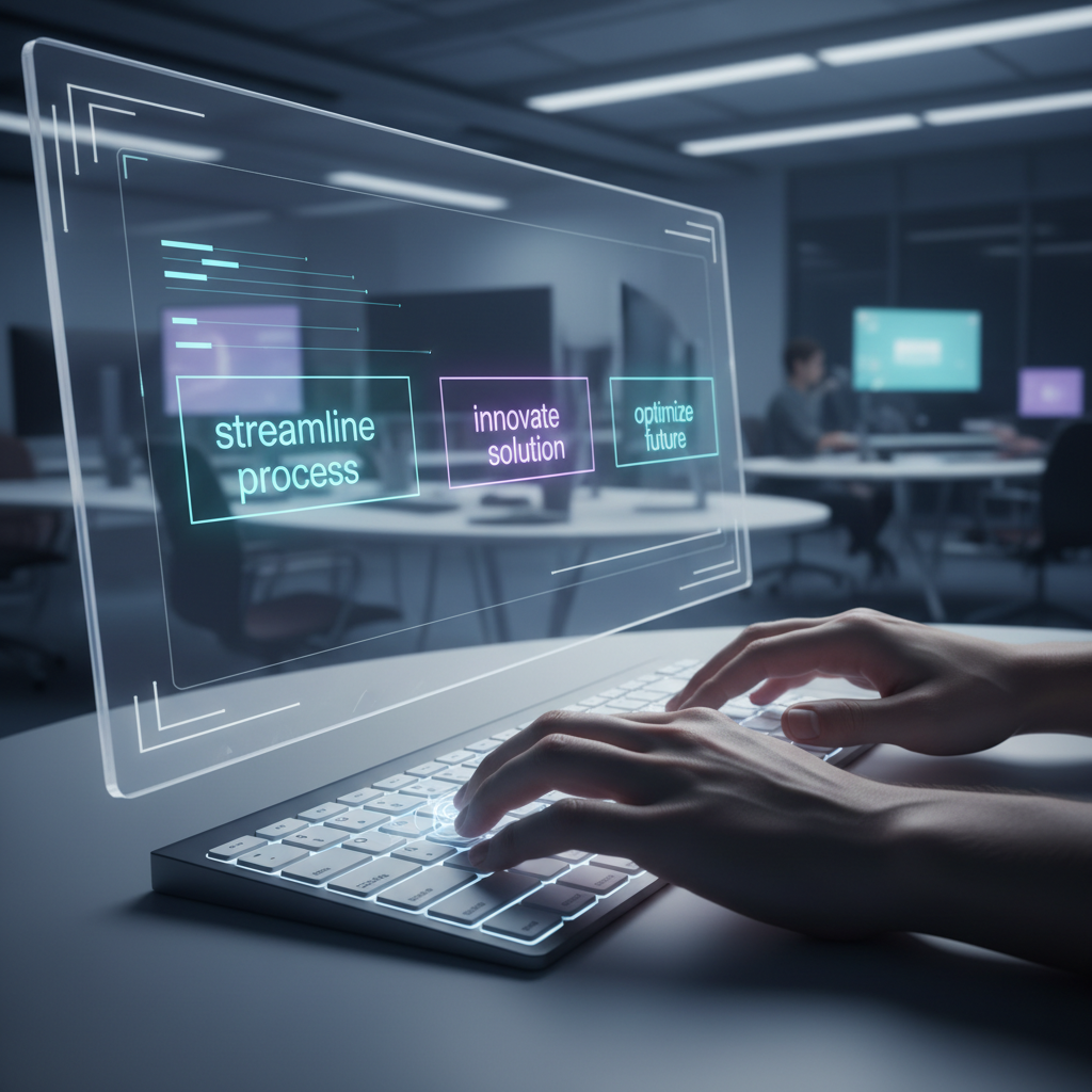 A close-up, eye-level shot of hands typing on a modern, backlit keyboard, with a translucent, glowing overlay on the screen above showing predictive text suggestions in a sleek, minimalist interface, set in a contemporary office environment with soft, ambient blue and purple lighting, conveying a mood of efficiency and advanced technology, in a photorealistic editorial photograph style.