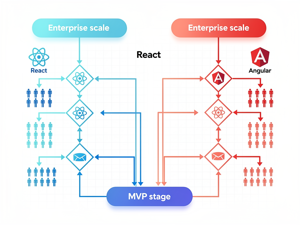 Flowchart diagram showing SaaS application scaling from MVP to enterprise, with branching paths for Angular and React approaches, including team size indicators and architectural decision points with clean iconography