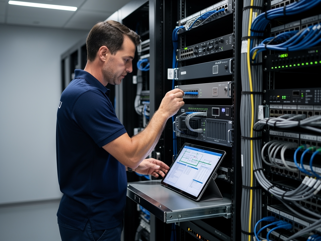 A professional AV integration technician installing rack-mounted AVoIP equipment in a server room, organized cable management, equipment labels visible, technical documentation on a nearby tablet, industrial lighting illuminating the workspace