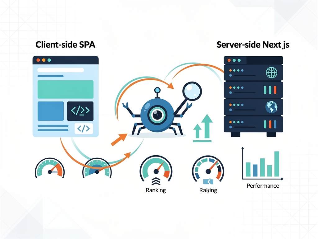 Infographic showing SEO comparison between client-side rendered SPA and server-side rendered Next.js application, with icons representing search engine crawlers, page load metrics, and ranking factors in a clean data visualization style