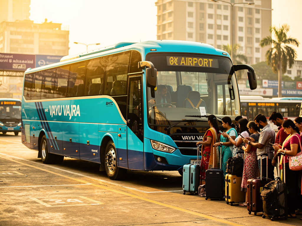 A modern BMTC Vayu Vajra Volvo airport coach with cyan-blue body and dark blue lower panels, parked at a busy city bus terminal during morning hours, with passengers queuing to board while carrying luggage, urban buildings visible in the background