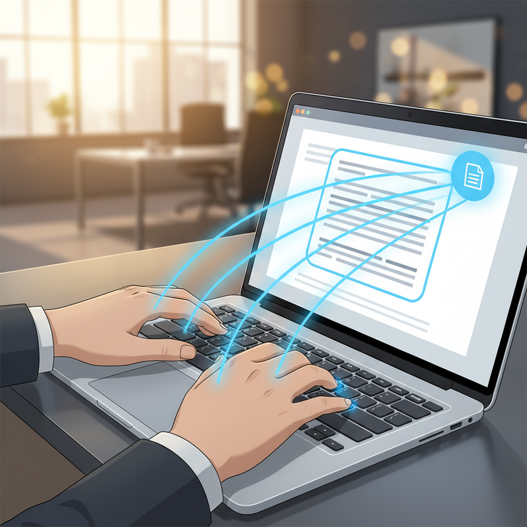 A person typing quickly on a laptop keyboard, with glowing lines connecting their fingers to the screen, symbolizing efficient and seamless writing assistance. The background is a modern office environment.