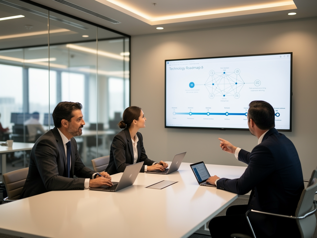 A technology roadmap presentation displayed on a large screen in a conference room, executives reviewing future development plans, modern corporate meeting space with glass walls and contemporary furniture