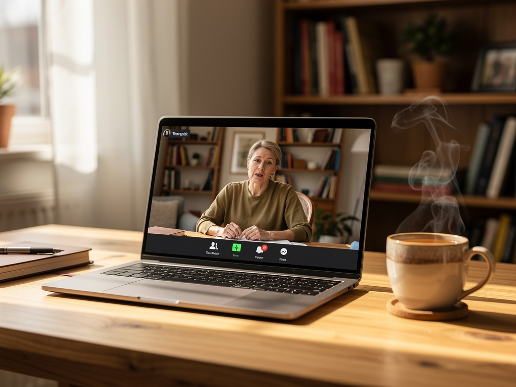 An open laptop displaying a video therapy session on screen, positioned on a home desk with a cup of tea nearby, soft natural lighting from a window, cosy British home office setting, representing the accessibility of online CBT therapy