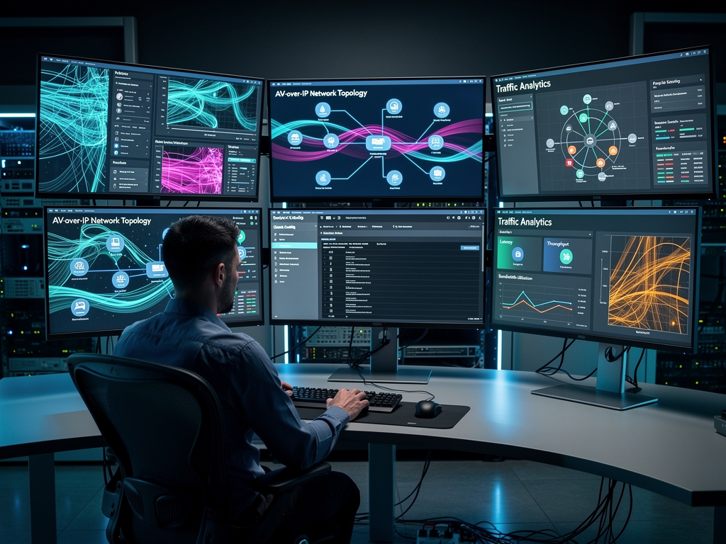 A network operations center displaying multiple monitoring screens showing network traffic analysis, VLAN configurations, and bandwidth utilization graphs, with a network engineer reviewing switch configurations in a dimly lit professional environment