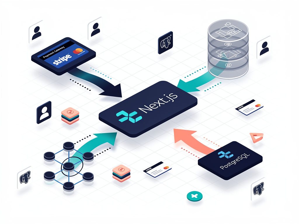 Architectural diagram showing Next.js application connected to Stripe payment gateway, PostgreSQL database, and webhook processing system, with arrows indicating data flow between subscription management components in a modern SaaS infrastructure setup
