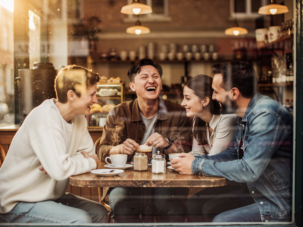 A group of friends laughing together at a café table in a British high street setting, natural daylight, warm and genuine social connection visible in their expressions, representing the real-world relationships that support recovery from maladaptive daydreaming