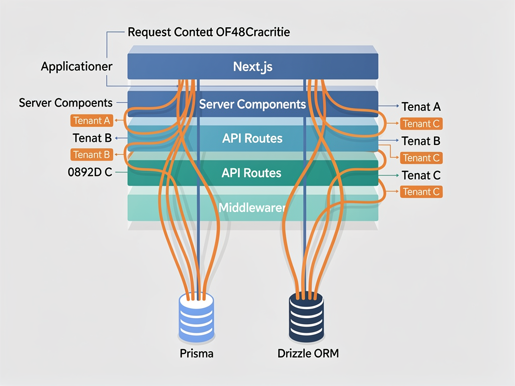 Architecture diagram showing Next.js application structure with server components, API routes, and middleware layers, illustrating how Prisma and Drizzle integrate at each layer for a multi-tenant SaaS application with tenant context flowing through the request lifecycle