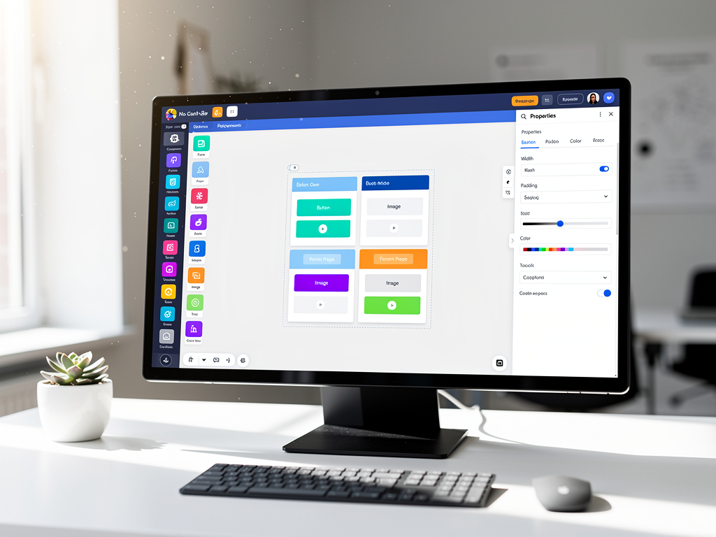 No-code platform interface showing a visual page builder with component palette on the left, canvas editor in the center with draggable elements, and property configuration panel on the right, demonstrating intuitive drag-and-drop functionality