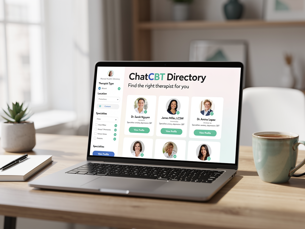 The https://chatcbt.directory homepage displayed on a laptop screen in a modern home office setting, showing therapist profiles, natural daylight illuminating the workspace, suggesting the process of researching and selecting appropriate mental health support
