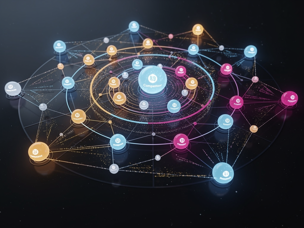 Network visualization showing backlink relationships between competitor websites, with nodes representing linking domains and edges showing link connections, color-coded by domain authority and industry relevance, displayed as an interactive 3D graph