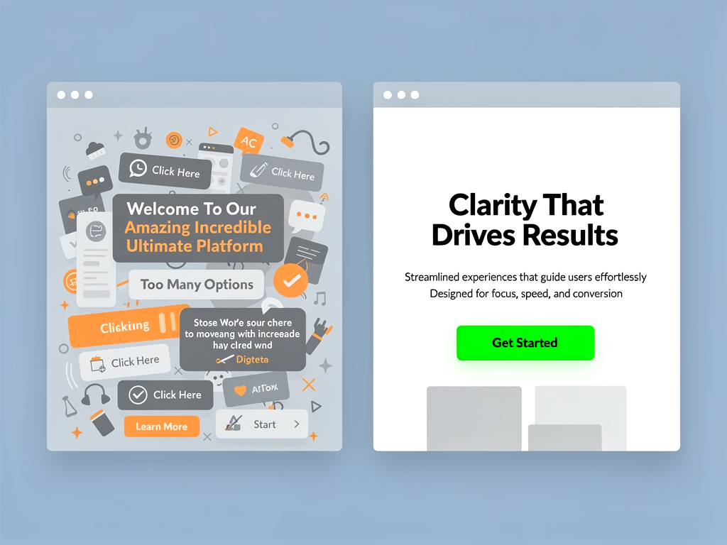 Split-screen comparison showing two hero section designs side by side, left side featuring cluttered layout with multiple CTAs and competing visual elements, right side showing clean design with single focused headline, supporting subtext, and one prominent green call-to-action button
