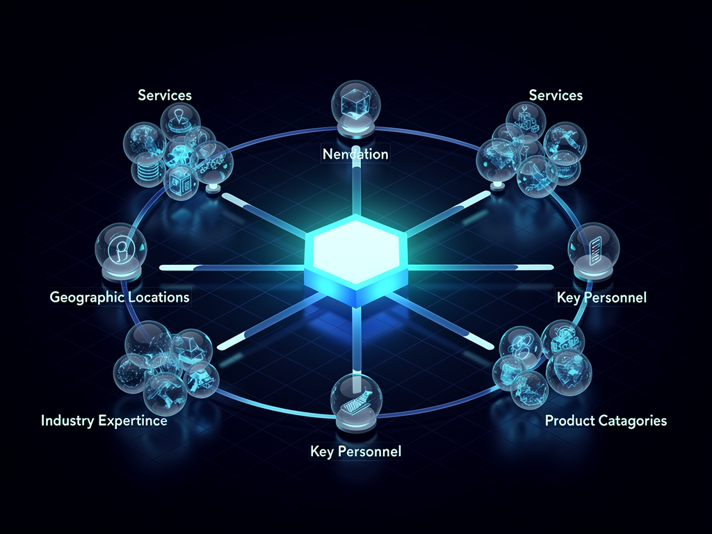 Diagram showing an entity knowledge graph with a central brand node connected to related concepts including services offered, geographic locations served, industry expertise, key personnel, and product categories, with connecting lines showing relationship types