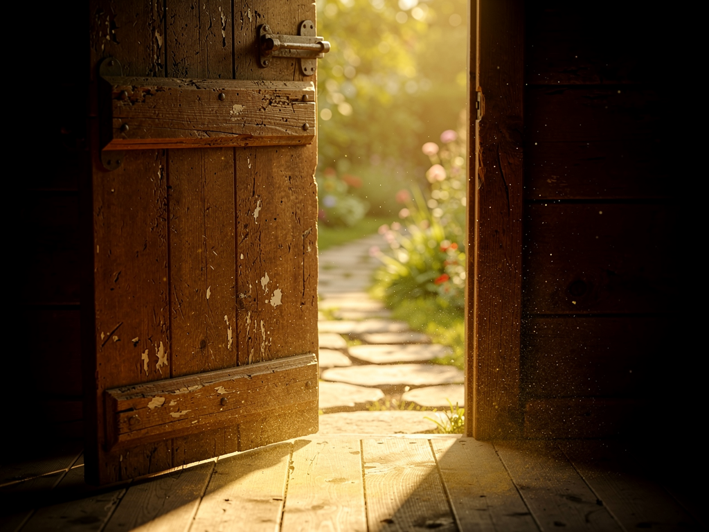 An open door leading from a dark room into bright daylight, symbolising the transition from the darkness of untreated OCD to the hope and possibility that treatment offers, architectural details suggesting a welcoming threshold