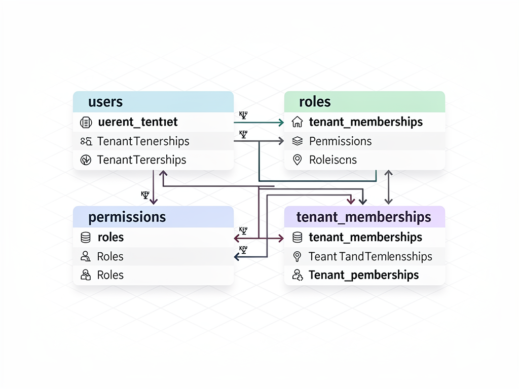 Database schema diagram showing the relationship between users, roles, permissions, and tenant_memberships tables, with foreign key connections illustrated using crow's foot notation, rendered in a clean ER diagram style with color-coded table headers