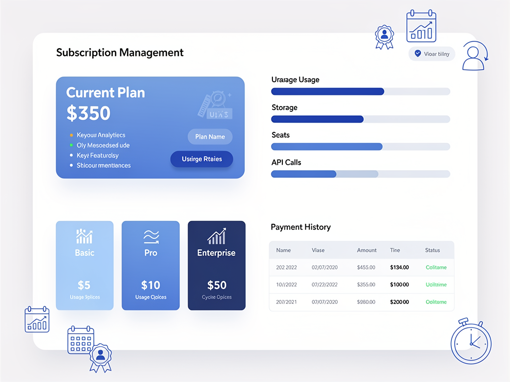 Subscription management dashboard mockup showing a SaaS billing interface built with Next.js, featuring current plan details, usage metrics with progress bars, upgrade options with pricing cards, and payment history in a clean table format, using a modern design with blue accent colors and clear typography