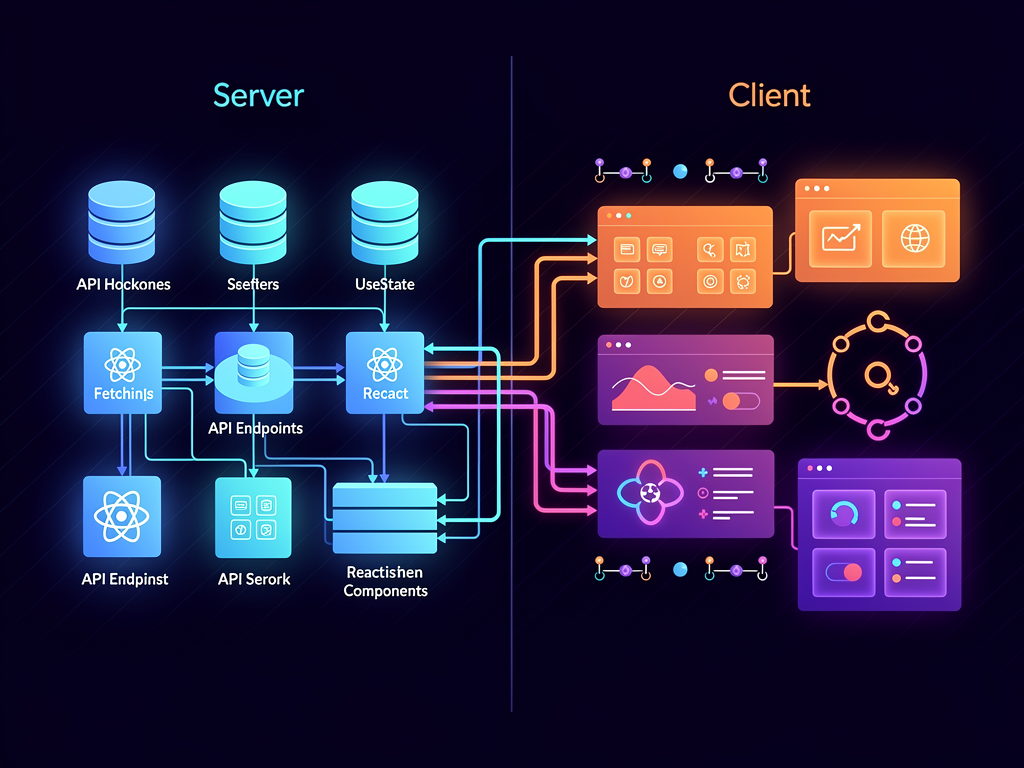 Diagram illustrating the interaction between Next.js Server Components and Client Components with hooks, showing data flow from server-side fetching to client-side state management and real-time updates, rendered in a modern technical infographic style with server and client sections clearly delineated