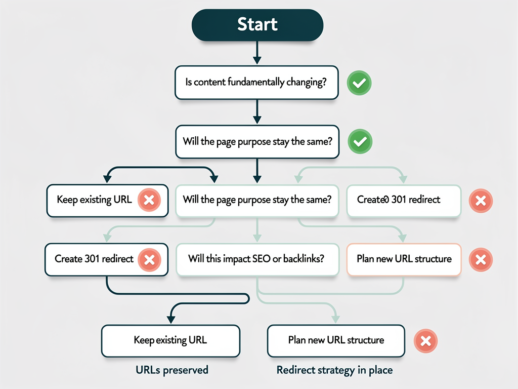 A flowchart diagram illustrating the URL preservation decision tree, starting with the question 'Does the page have backlinks?' and branching through various scenarios including redirect implementation, canonical tag usage, and internal link updates, with green checkmarks indicating best practices and red X marks showing common mistakes