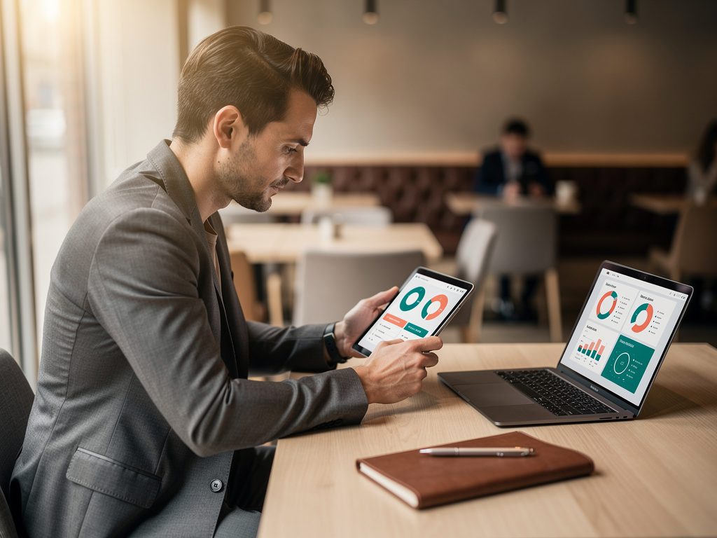 Business professional reviewing SEO tool pricing comparison on tablet device while sitting at coffee shop table with laptop and notebook, showing thoughtful consideration of options