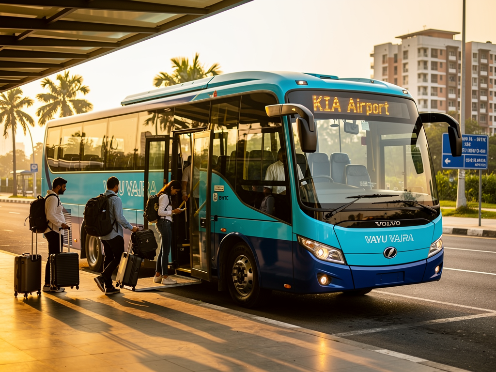 A modern BMTC Vayu Vajra Volvo bus in cyan blue livery waiting at an HSR Layout bus stop during early morning hours, with commuters boarding while carrying luggage, soft golden sunrise light illuminating the scene