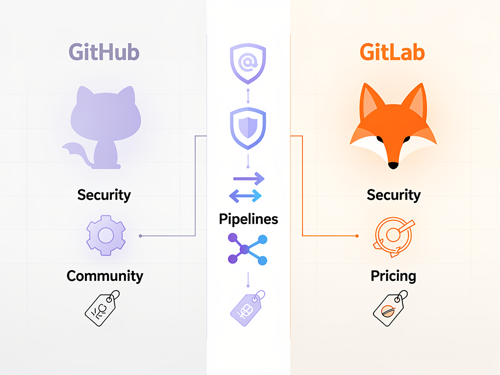 Summary comparison infographic with GitHub and GitLab logos, key differentiating factors listed in two columns, ideal use case icons, and a central decision matrix helping readers identify which platform matches their requirements