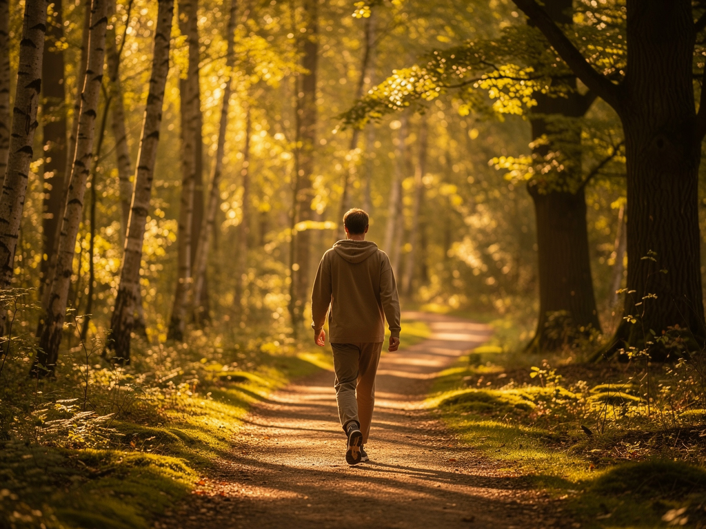 A person walking along a sunlit path through a peaceful woodland, stepping forward with purpose, representing the journey toward improved mental health and personal growth