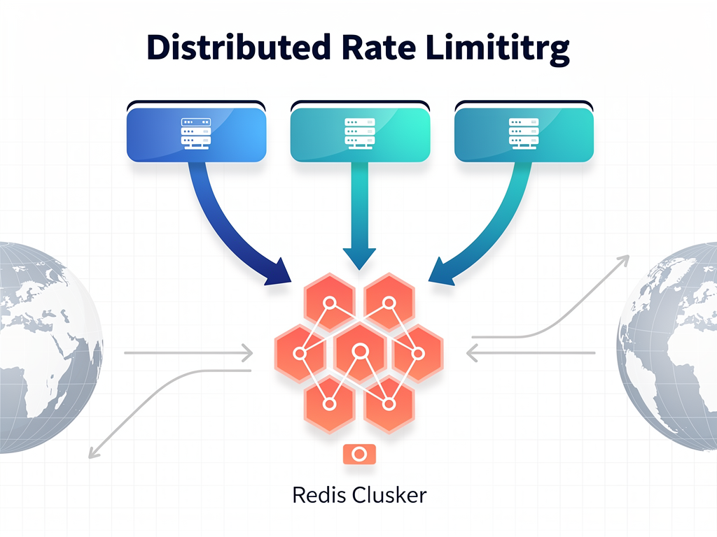 Architecture diagram showing distributed rate limiting system with multiple application server instances connecting to a Redis cluster, with arrows indicating request flow, rate limit checks, and counter synchronization across geographic regions