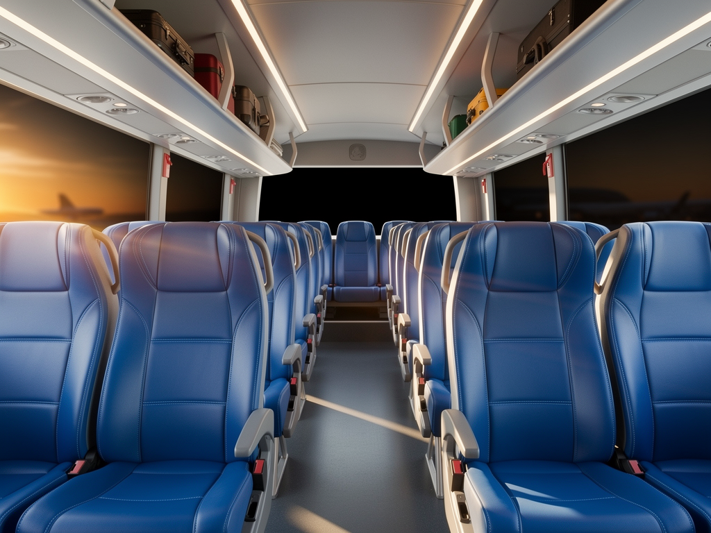 Interior view of a BMTC Vayu Vajra Volvo bus showing comfortable blue upholstered seats, spacious legroom, overhead luggage racks, and large tinted windows, with morning light streaming through, creating a clean and professional atmosphere