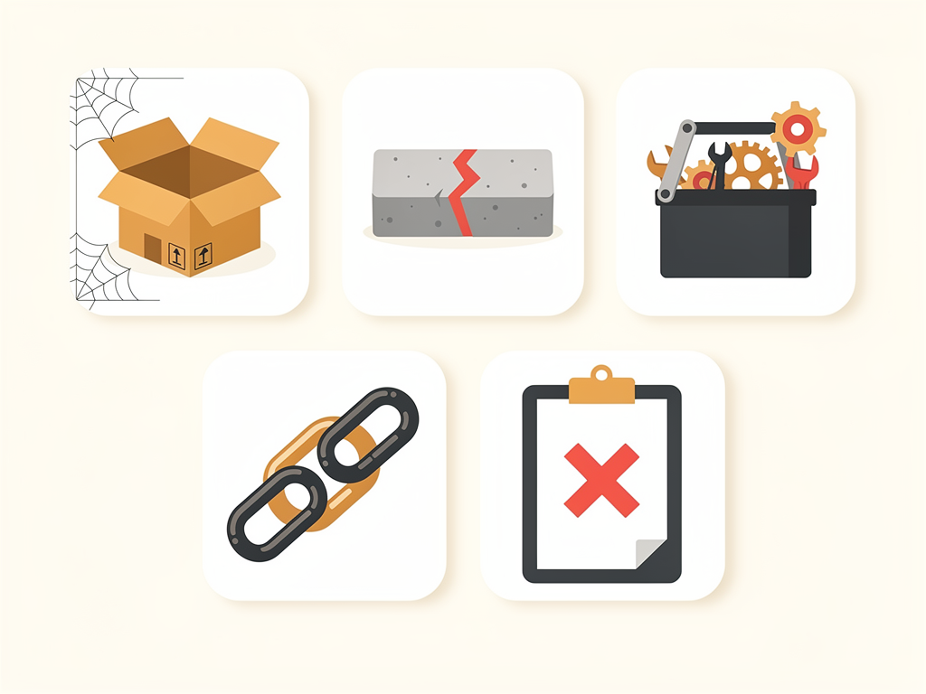 Warning sign infographic displaying common starter kit red flags including abandoned projects, demo-quality code, feature bloat, tight coupling, and missing tests, with icons and brief descriptions in cautionary visual style