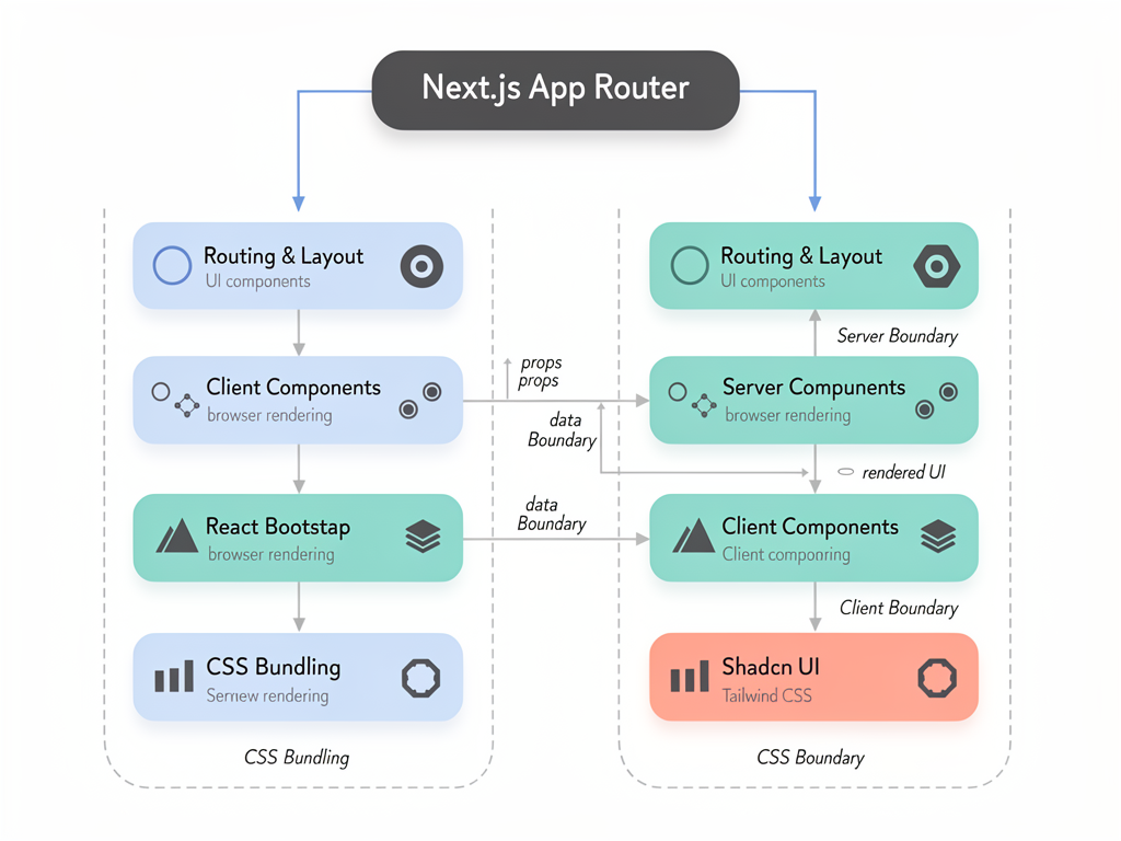 Architecture diagram showing Next.js App Router integration with both component libraries, illustrating server components, client components, and styling pipeline differences, using technical diagram styling with boxes, arrows, and labeled sections on a clean white background