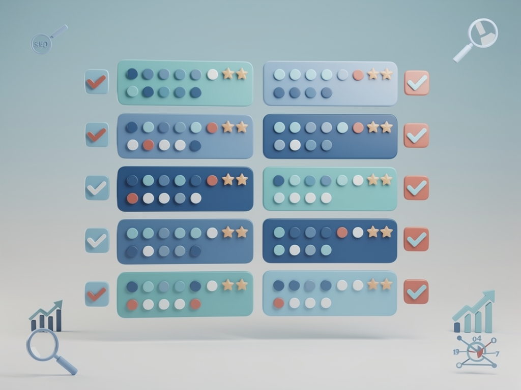 Comparison matrix showing different AI content platforms evaluated across multiple criteria including quality, features, integrations, and pricing, with visual rating indicators and recommendation badges